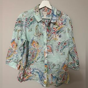 Chico’s Women’s Blue Floral Button Down Short Sleeve Blouse - Size Small